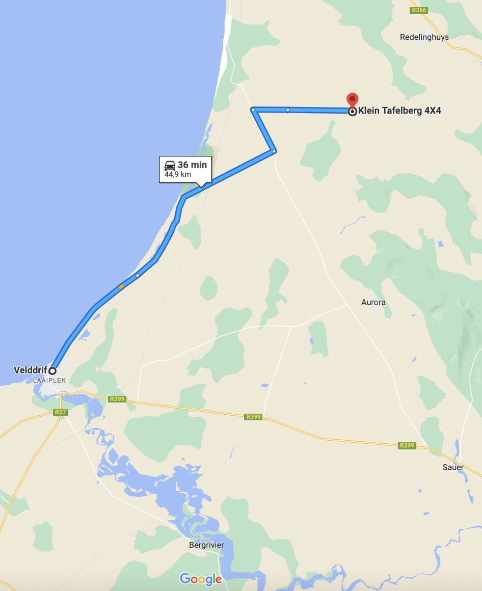 Directions and distance from Velddrift